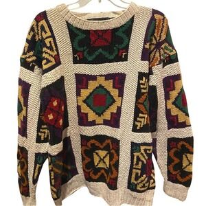 Vintage New River J Riggins Ramie Sweater Mens Large Cream Aztec Knit 90s